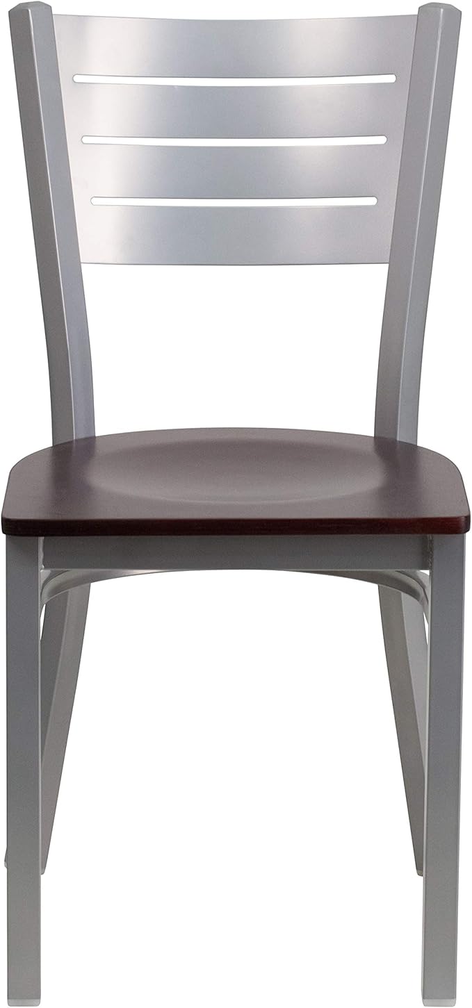 Flash Furniture 2 Pk. HERCULES Series Silver Slat Back Metal Restaurant Chair - Mahogany Wood Seat