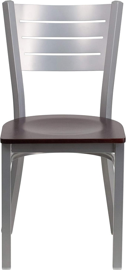 Flash Furniture 2 Pk. HERCULES Series Silver Slat Back Metal Restaurant Chair - Mahogany Wood Seat