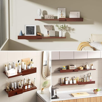 Floating Shelves for Wall, Set of 2 Rustic Wood 24 Inches Wall Mounted Shelves for Bathroom，Bedroom, Living Room &Kitchen, Heavy Duty Display Picture Ledge Shelf for Home Decor Storage Brown