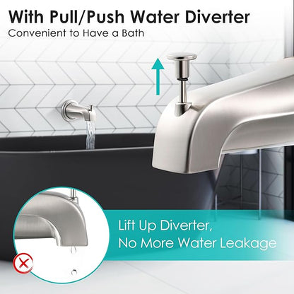 Universal Bathroom Tub Spout with Metal Tub Spout Cover Ring, 5 1/4 Inches Reach Wall Front Mount Faucet with Shower Diverter 1/2 IPS Inside Thread(Brushed Nickel)