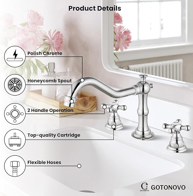 gotonovo Bathroom Faucet 3 Hole 8 Inch Widespread Bathroom Sink Faucet 2 Cross Handles Vintage Lavatory Vanity Mixer Tap with Pop Up Drain, Round Font Label, Polish Chrome