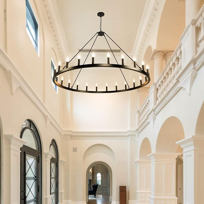 24-Light Black Wagon Wheel Chandelier, 54 Inch Large Chandeliers for High Ceilings, Farmhouse Dining Room Light Fixture, for Living Room, Foyer, Entryway