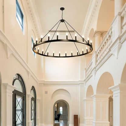 24-Light Black Wagon Wheel Chandelier, 54 Inch Large Chandeliers for High Ceilings, Farmhouse Dining Room Light Fixture, for Living Room, Foyer, Entryway