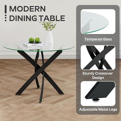 36-Inch Round Tempered Glass Dining Table for 2-4 Person Space-Saving Small Kitchen Table with Heavy-Duty Black Metal Legs Perfect for Breakfast Nook, Studio Apartment & Bistro Setting