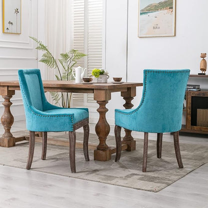 2 Pieces Dining Chair, Ergonomic Bar Chairs, Thickened Fabric Chairs with Neutral Toned Solid Wood Legs, Bronze Nail Head Accent, Sturdy Structure, Soft Comfort, for Living Room Dining Room, Blue