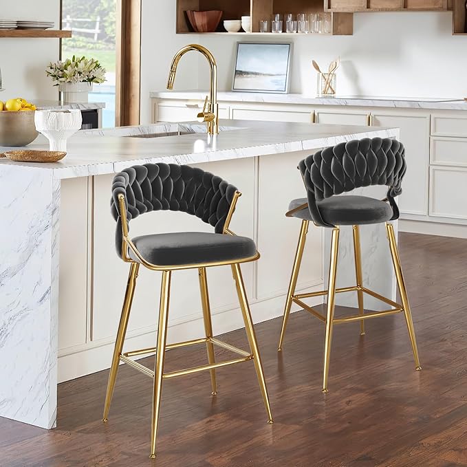 25.2" Velvet Counter Stool with Gold Accents, Ergonomic Plush Seat for Kitchen Island Bar