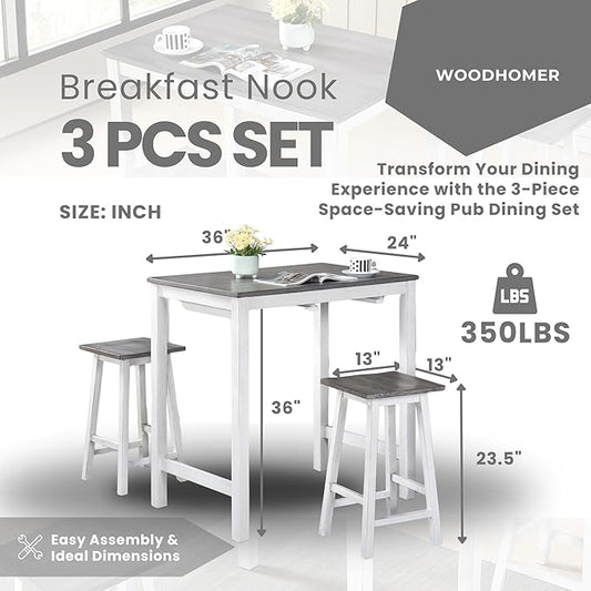Small Kitchen Island with Seating, Modern Farmhouse 3 Piece Counter Height Dining Set, Solid Wood Counter Bar, Space Saving Breakfast Pub Set for 2, Ideal for Small Home