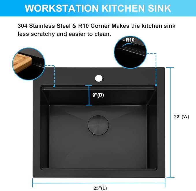 25 Inch Drop In Black Kitchen Sink,16 Gauge 304 Stainless Steel Kitchen Sink Single Bowl, 25" x 22" x 9" Ledge Workstation Sinks With All Accessories, Multi-Functional Workstation Sinks