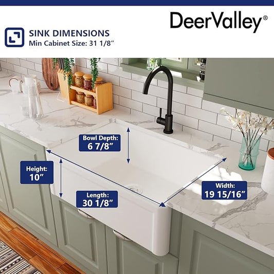 DeerValley Farmhouse Kitchen Sink 30 Inch, Ceramic White Farm Apron Front Sink, Drop in Single Bowl Sinks with Bottom Grid and Strainer