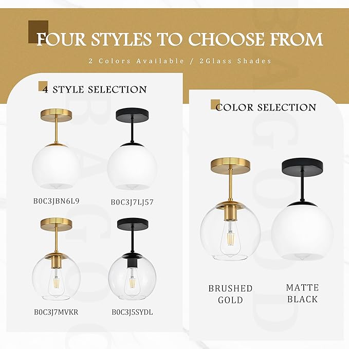 Bagood Gold Semi Flush Mount Ceiling Light Fixture with Clear Glass Light Fixture Mid Century Light Fixtures Gold Semi Flush Ceiling Light Fixtures for Dining Room Kitchen Island (Bulb Incl)