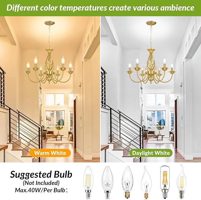6-Light Farmhouse Candle Chandelier for Living Room, Rustic Industrial Pendant Ceiling Light fixture, Vintage Ceiling Hanging Lamp for Bedroom Hallway Kitchen Dining Room Foyer, Luxury Gold E12 Socket