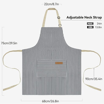 NLUS 2 Pcs Kitchen Cooking Aprons, Poly/Cotton Blend Adjustable Soft Bib Stripe Aprons with 2 Pockets for Women Men Chef (Blue Pinstripes/Black Pinstripes)
