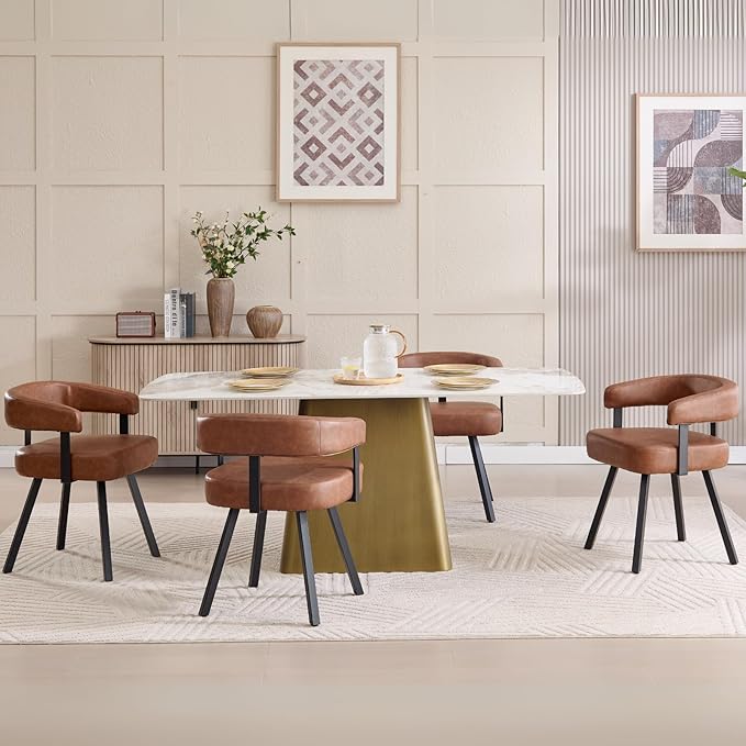 Modern Barrel Dining Chairs Set of 4, Brown PU Leather Upholstered Dining Room Chairs with Arms, Comfy Kitchen Chairs with Black Metal Legs for Dinner Living Room