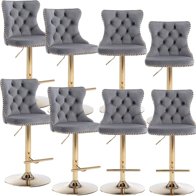 Rhomtree Velvet Swivel Bar Stools Upholstered Bar Stool with Button Tufted Back and Pull Ring Height Adjustable Barstools 25-33 Inch for Home Pub and Kitchen Island (Gray with Gold Base, Set of 8)