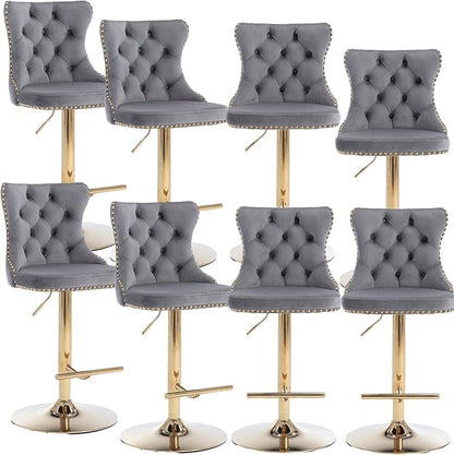 Rhomtree Velvet Swivel Bar Stools Upholstered Bar Stool with Button Tufted Back and Pull Ring Height Adjustable Barstools 25-33 Inch for Home Pub and Kitchen Island (Gray with Gold Base, Set of 8)