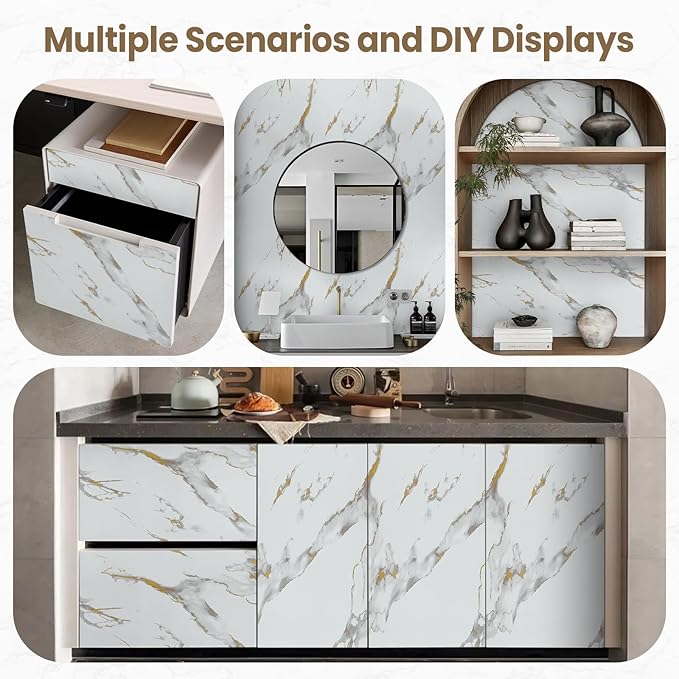 practicalWs Glossy Marble Wallpaper Peel and Stick White/Gold Granite Contact Paper Removable Wall Paper for Kitchen Countertop Cabinet Furniture 17.7" x 78.7"