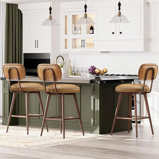 MALOL 26“ PU Leather Swivel Bar Stools Set of 3, Mid Century Counter Height Bar Chairs with Low Back and Metal Legs, Modern Bar Stool Chair for Kitchen Island, Brown