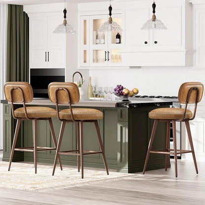 MALOL 26“ PU Leather Swivel Bar Stools Set of 6, Mid Century Counter Height Bar Chairs with Low Back and Metal Legs, Modern Bar Stool Chair for Kitchen Island, Brown