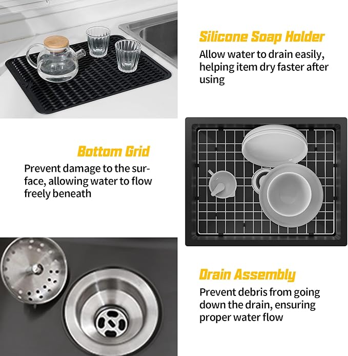 Black 24x19 Inch Undermount Kitchen Sink-Stainless Steel Single Bowl Drop In Kitchen Sink Stylish And Modern Look With Bottom Grid,Silicon Mat And Drain Assembly Add Elegance & Enhance Usability