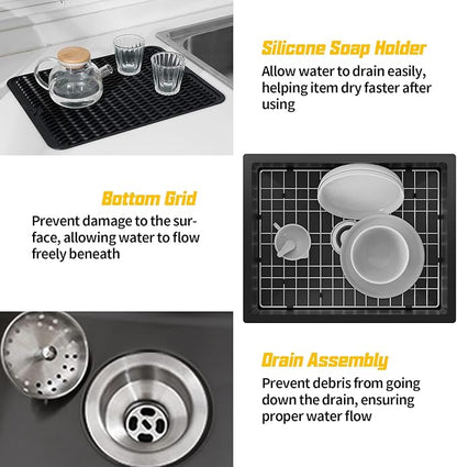 Black 24x19 Inch Undermount Kitchen Sink-Stainless Steel Single Bowl Drop In Kitchen Sink Stylish And Modern Look With Bottom Grid,Silicon Mat And Drain Assembly Add Elegance & Enhance Usability