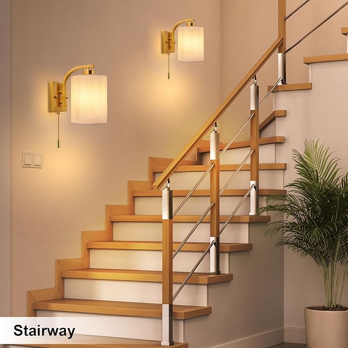 Lightess Wall Sconces with Pull Chain,Vintage Hardwired Pull Cord Wall Light Fixture with on Off Switch,Indoor Wall Lamp for Hallway Bedroom Living Room,Set of Two Gold (Bulbs Not Included)