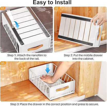 2Pack Pull out Cabinet Organizer,Heavy Duty Slide out Pantry Shelves Drawer Storage with Adhesive Nano Film,Sliding Mesh Basket with Handle for Kitchen, Bathroom, Home, 11.8W" X 15.7"D X 6.2"H,White
