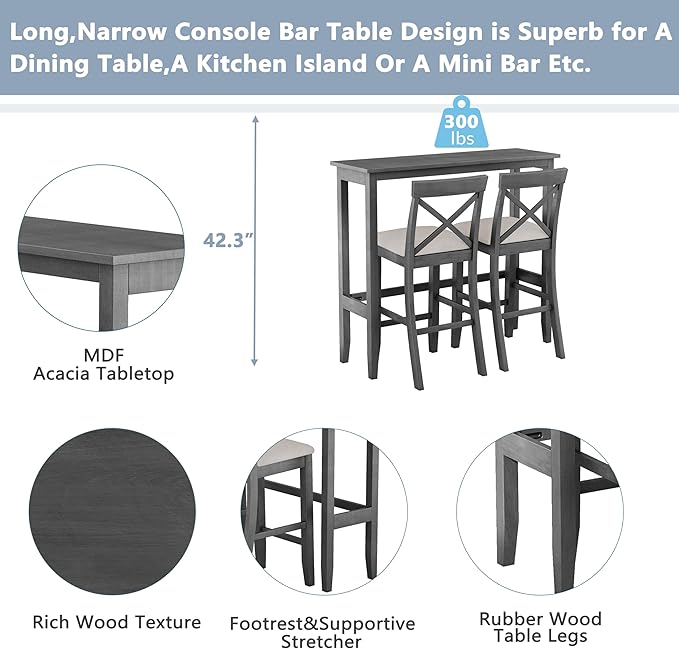 Farmhouse Bar Table Set of 3, Includes 48" Rectangular Wood Dining Table and 2 Bar Stools, Counter Height Kitchen Table Set for Small Spaces (Grey+ Beige + Solid Wood + Foam)