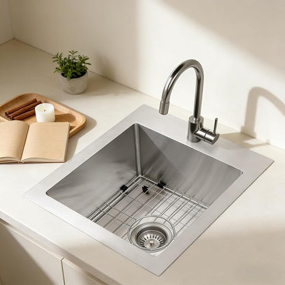 MILOSEN 17 x 19 inch Drop in Bar Sink, 304 Stainless Steel Topmount RV Small Kitchen Sink, Deep Outdoor Single Bowl Wet Bar&Prep Sinks with Bottom Grid and Strainer, Brushed Nickel