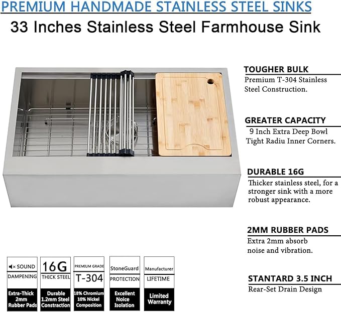 SHACO 33 Inch Stainless Steel Farmhouse Sink, 33x20 Single Bowl Ledge Workstation Flat Apron Front Farm Kitchen Sink with Cutting Board, Brushed Nickel