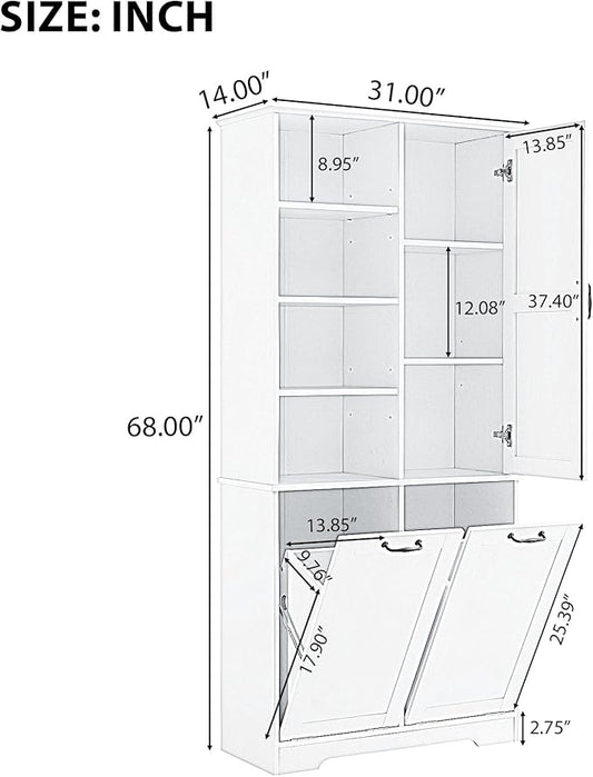 Favfurish 68" Tall Bathroom Storage Cabinet with Door and 2 Tilt-Out Laundry Hampers,Modern Linen Cabinets w/Open Shelf & Adjustable Shelves,Freestanding Organizer for Laundry Room,Kitchen,White
