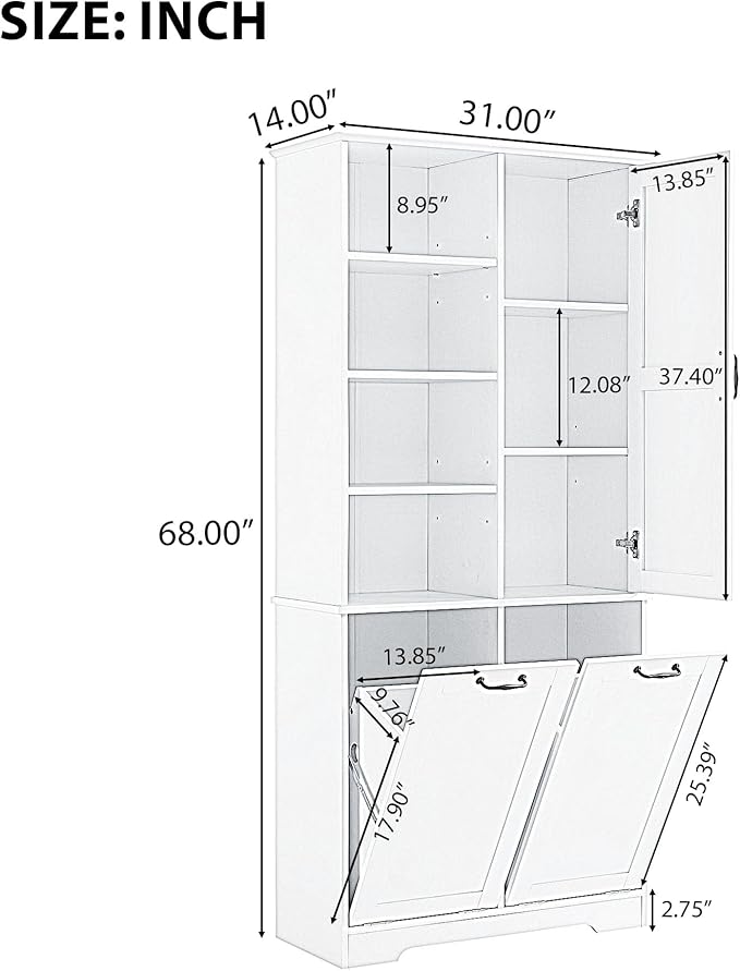 68" Tall Bathroom Storage Cabinet with One Door and Two Laundry Hampers for Home Display Organizer, Adjustable Shelf, Gray