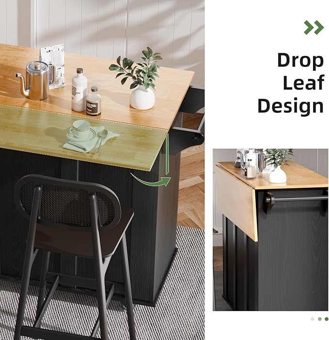 Rolling Kitchen Island Cart with Drop Leaf, Portable Kitchen Trolley with Storage Cabinet, Drawer, Shelf and Towel Bar, Breakfast Bar on Wheels for Home Use, Sleek Black