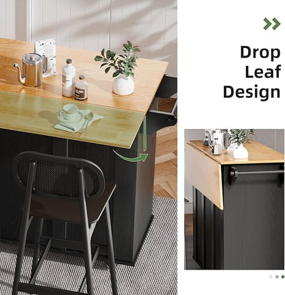 Rolling Kitchen Island Cart with Drop Leaf, Portable Kitchen Trolley with Storage Cabinet, Drawer, Shelf and Towel Bar, Breakfast Bar on Wheels for Home Use, Sleek Black