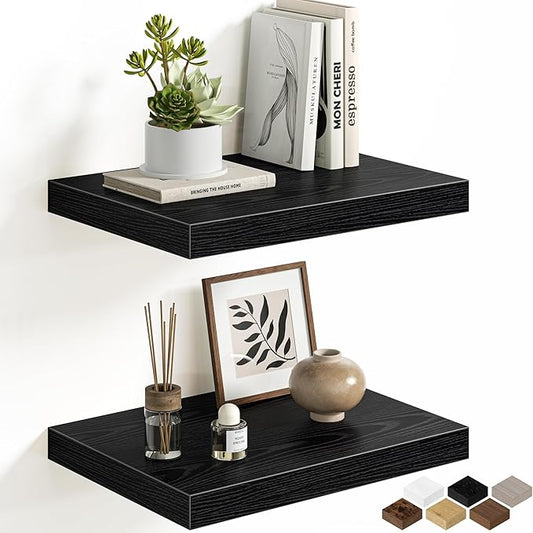 Black Floating Shelves for Wall, 16'' W x 12'' D Wall Mounted Rustic Wood Shelves for Bathroom, Bedroom, Living Room, Kitchen, Hanging Shelf for Storage/Room Decor with Heavy Duty Brackets, 2 Pack
