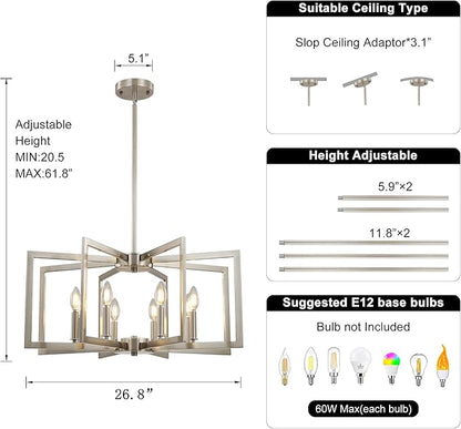 Sigaitwei 8-Light Large Brushed Nickel Chandeliers for Dining Room，Modern Industrial Pendant Lights Kitchen Island，Farmhouse Entryway Light Fixtures，Metal Geometric Chandelier for Living Room
