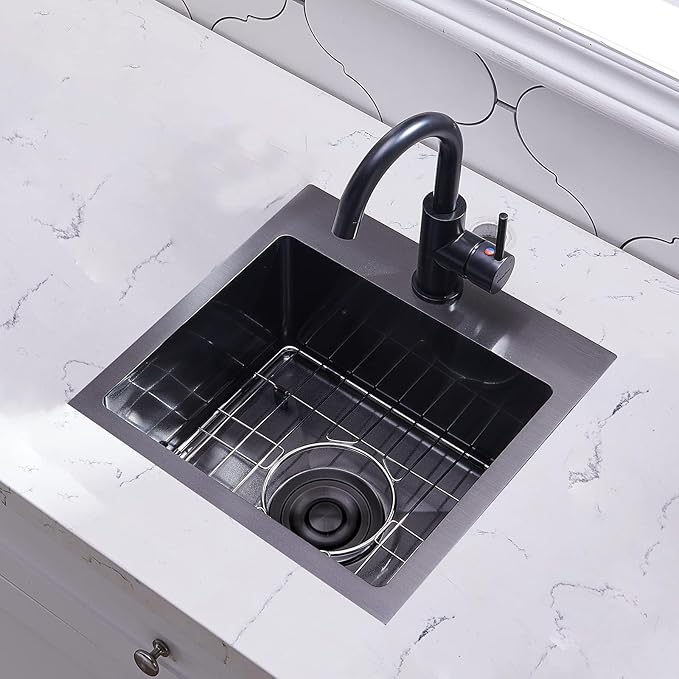 VAPSINT 15x15 Inch Black Drop In Bar Sink, Single Bowl Top Mount Handmade Gunmetal Black Wet Bar Prep RV Sink, 16 Guage Stainless Steel Outdoor Small Kitchen Sinks with Grid & Drain Strainer