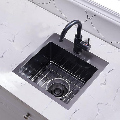 VAPSINT 15x15 Inch Black Drop In Bar Sink, Single Bowl Top Mount Handmade Gunmetal Black Wet Bar Prep RV Sink, 16 Guage Stainless Steel Outdoor Small Kitchen Sinks with Grid & Drain Strainer