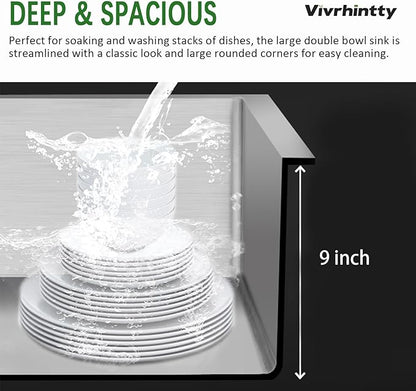 33" x 22" x 9" Drop-In Double Bowl Kitchen Sink, Topmount Stainless Steel with Satin Finish, Soundproofing & Protective Bottom Grid