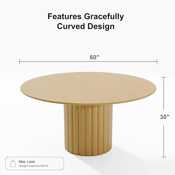 Casaphoria 60" Round Dining Table, Modern Wood Kitchen Table with Cylindrical Wide Bar Protruding Base for Living Room & Dining Room, Easy Assembly Farmhouse Furniture for 4-6, Oak