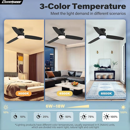 Conciseer Modern 42 Inch Ceiling Fans with Lights and Remote, Bedroom Living Room Office, Flush Mount, 18W 3CCT Dimmable, Dual Color 3 Blades 6 Speed Reversible Quiet DC Motor, Black/Wood Grain