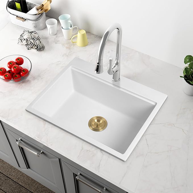 White Drop in Kitchen Sink 25 Inch - Undermount Granite Quartz Composite Workstation Sink - Deep Single Bowl,Dual Mount,with Accessories (White, 24.81" X 19.29")