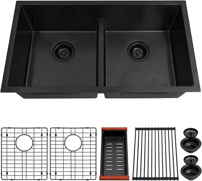 32 inch Double Bowl Kitchen Sink,Black Undermount Kitchen Sink 32 X 18 inch,16 Gauge Stainless Steel Undermount Sinks,Special Low-Divide Design