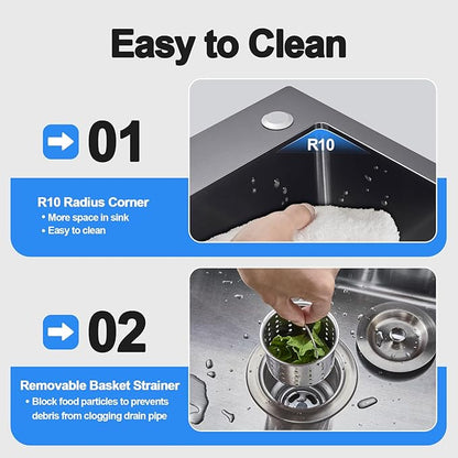 25x18x9 Inch Drop in Kitchen Sink, Handmade 304 Black Stainless Steel Single Bowl, Topmount with 2 Holes, R10 Tight Corner, for Modern Kitchen/RV/Outdoor Sink