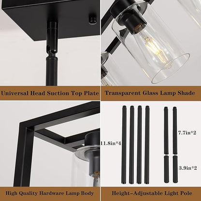 Farmhouse Dining Room Light Fixture Kitchen Island 6-Light Pendant Lighting， Adjustable Rectangle Black Contemporary Chandeliers with Glass Shade (6 Light)
