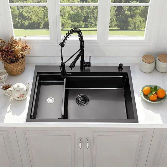 Gunmetal Black Kitchen Sink 33 x 22 Drop In Kitchen Sinks with Faucet Modern Workstation Large Stainless Steel Sink 33 Inch Single Bowl Top Mount Black Sink Kitchen