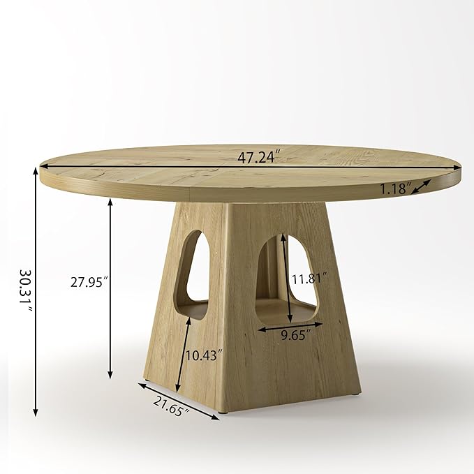 47" Round Rustic Dining Table, Kitchen Table with Storage Base, Dinner Tables with Solid Wood Frame for Home & Dining Areas, Natural