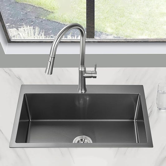 POPFLY Kitchen Sink, 28×20 Inch Drop In 18 Gauge Handmade SUS 304 Top mount Stainless Steel 9 Inch Deep Single Bowl Kitchen Sinks, Black