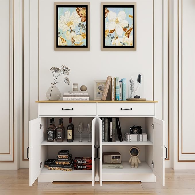 Locsear White Buffet Cabinet, Coffee Bar Cabinet with 2 Drawers & 4 Doors, Kitchen Buffet Sideboard for Living Room (15.35" D x 47.95" W x 32.08" H)
