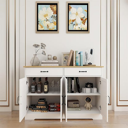 Locsear White Buffet Cabinet, Coffee Bar Cabinet with 2 Drawers & 4 Doors, Kitchen Buffet Sideboard for Living Room (15.35" D x 47.95" W x 32.08" H)