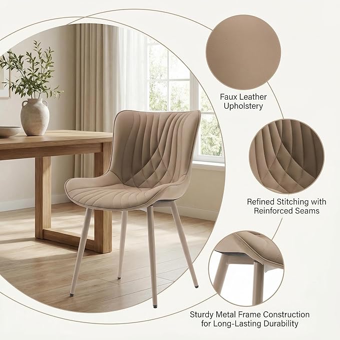 Kidol & Shellder Dining Chairs Set of 2, Mid Century Modern Kitchen Chairs with Metel Legs Armless, PU Leather Upholstered Side Chair for Dining Room, Living Room, Lounge, Restaurant, Khaki